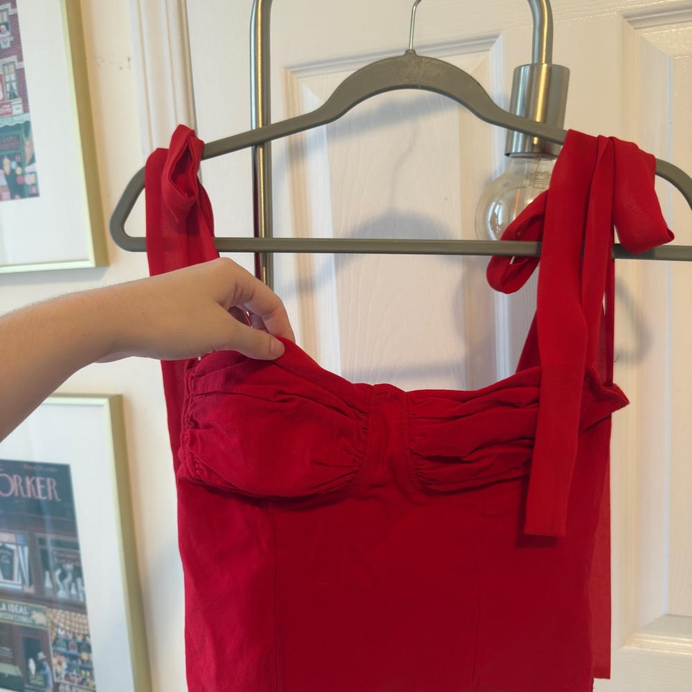 MARBLE Red Ruched Bustier Top with Tie Straps
